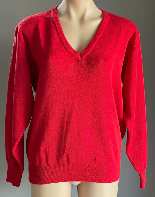 Vintage Red V-Neck Jumper Wool Knit Long Sleeve  Pullover Ladies Size 12 14