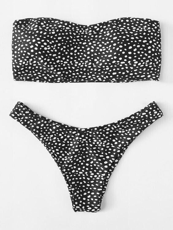 ZAFUL Bikini Top Black & White Polka Dot Bandeau High Cut Cheeky Bum Sz S 8 NEW