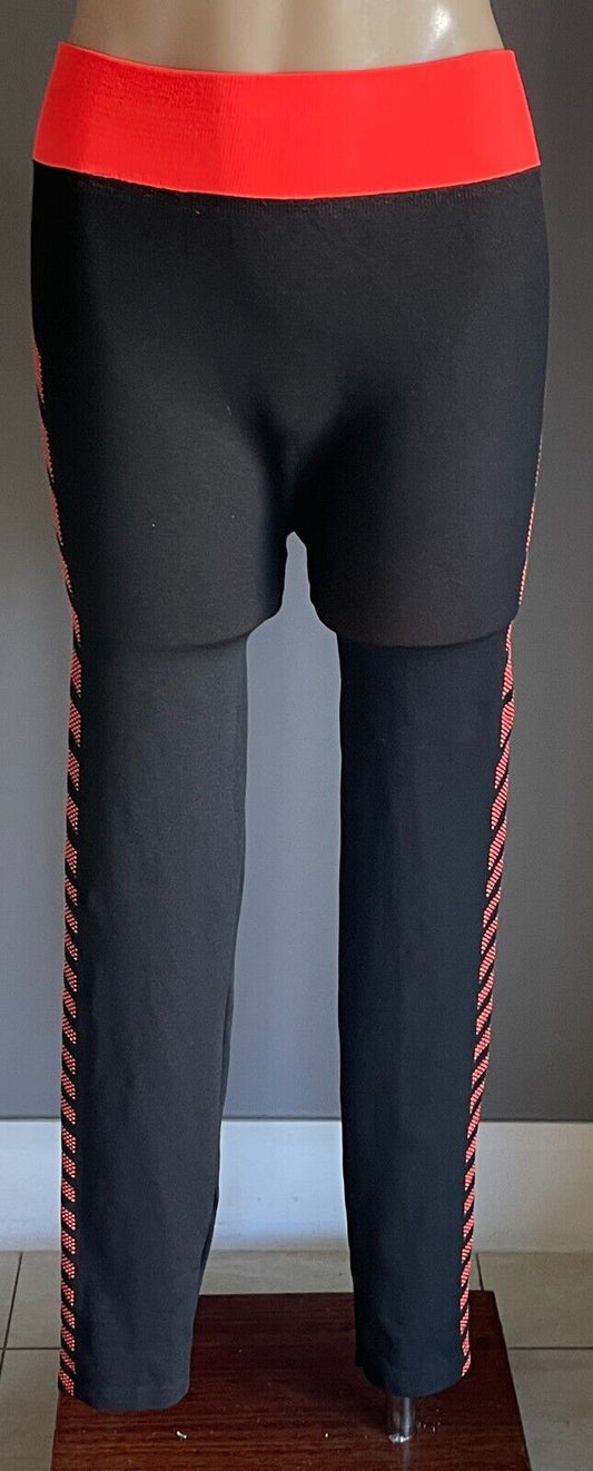 Leggings SPORTS Black & Neon Orange Trim Seamless Stretch Long Sz 12 NEW Active