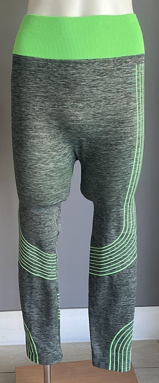 Leggings SPORTS Grey Marl Neon Green Trim Seamless Stretch Full Length Sz 8 NEW