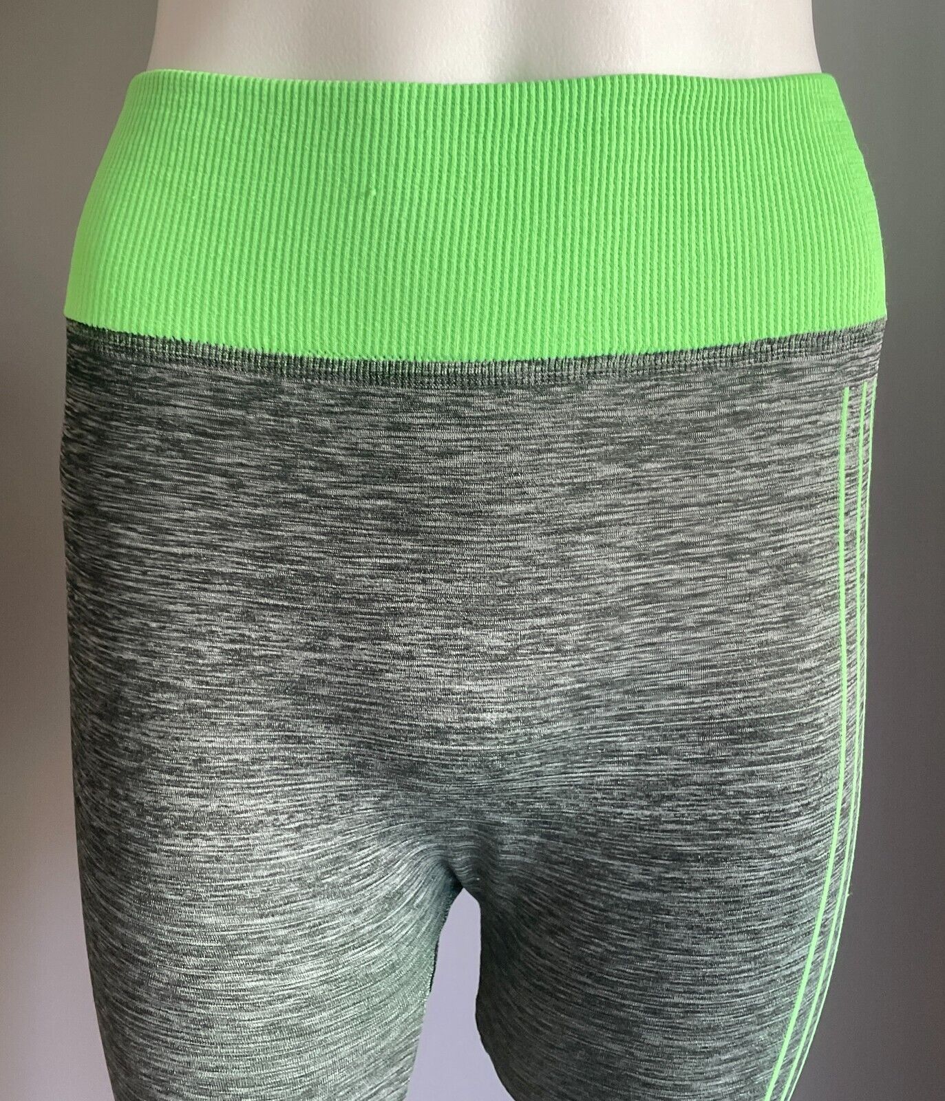 Leggings SPORTS Grey Marl Neon Green Trim Seamless Stretch Full Length Sz 8 NEW