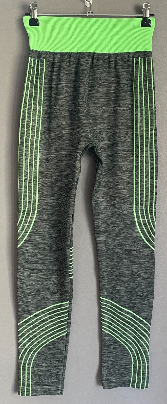 Leggings SPORTS Grey Marl Neon Green Trim Seamless Stretch Full Length Sz 8 NEW