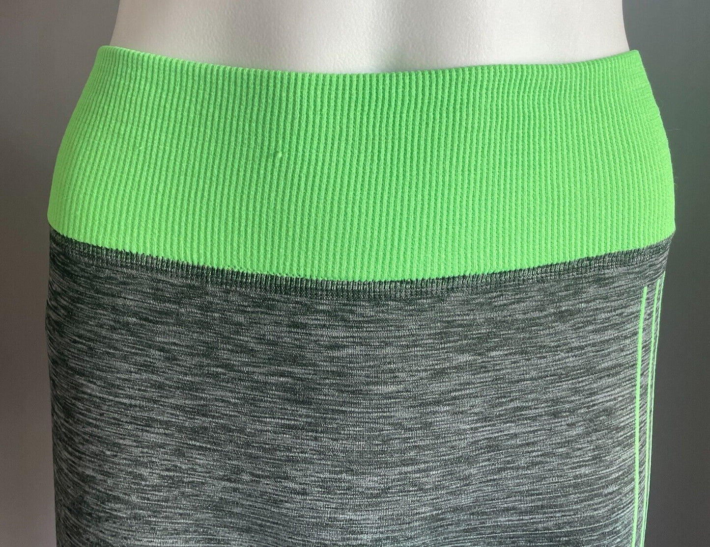 Leggings SPORTS Grey Marl Neon Green Trim Seamless Stretch Full Length Sz 8 NEW