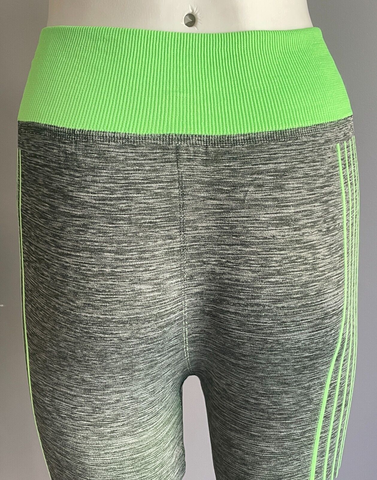 Leggings SPORTS Grey Marl Neon Green Trim Seamless Stretch Full Length Sz 8 NEW
