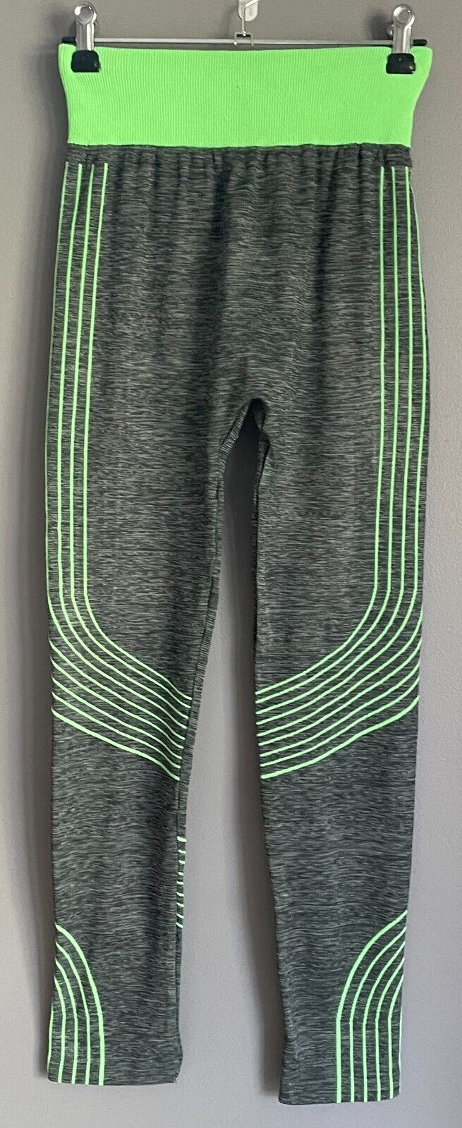Leggings SPORTS Grey Marl Neon Green Trim Seamless Stretch Full Length Sz 8 NEW