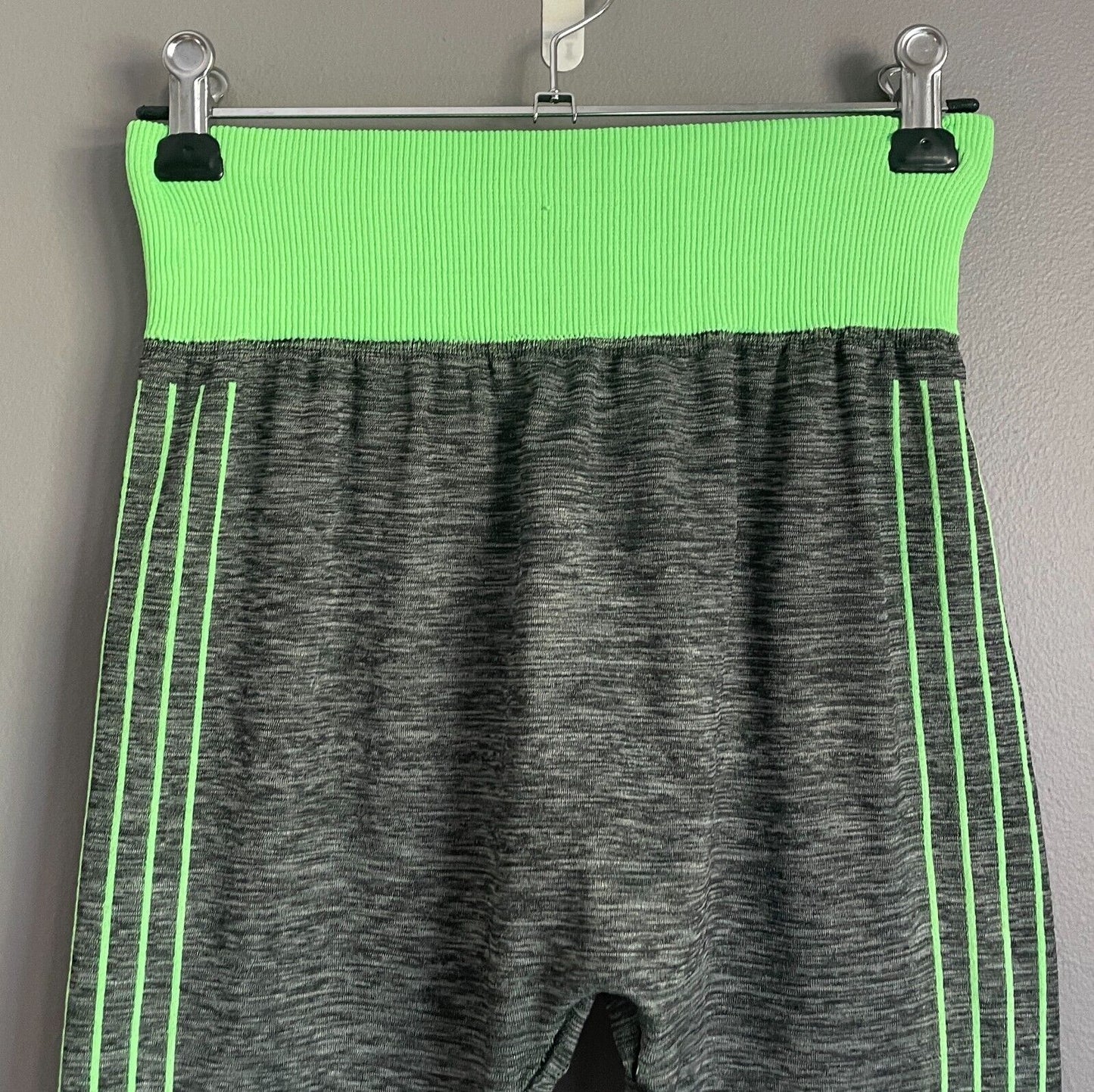 Leggings SPORTS Grey Marl Neon Green Trim Seamless Stretch Full Length Sz 8 NEW