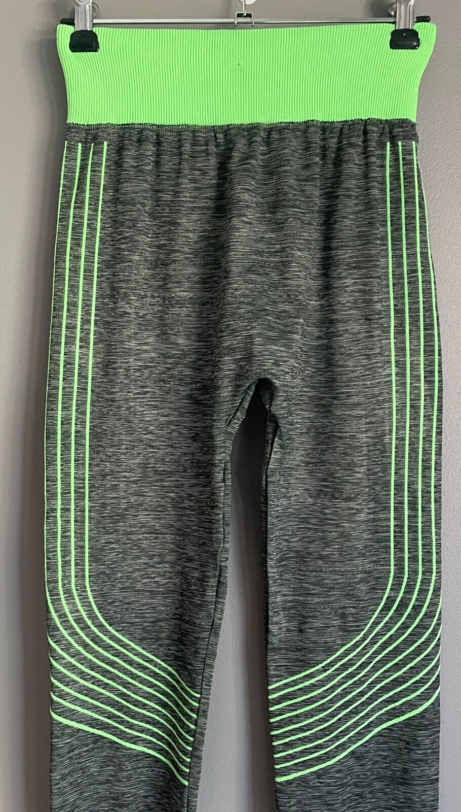 Leggings SPORTS Grey Marl Neon Green Trim Seamless Stretch Full Length Sz 8 NEW