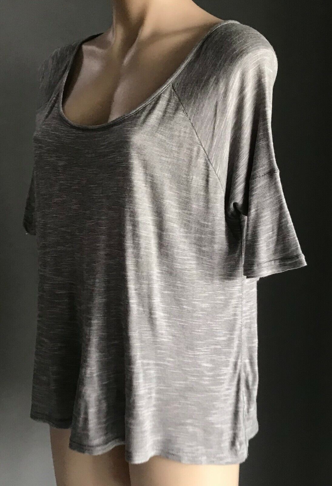 JAY JAYS T Shirt Grey White Stripe 3/4 Sleeve Scoop Neck Ladies Top Size S 10
