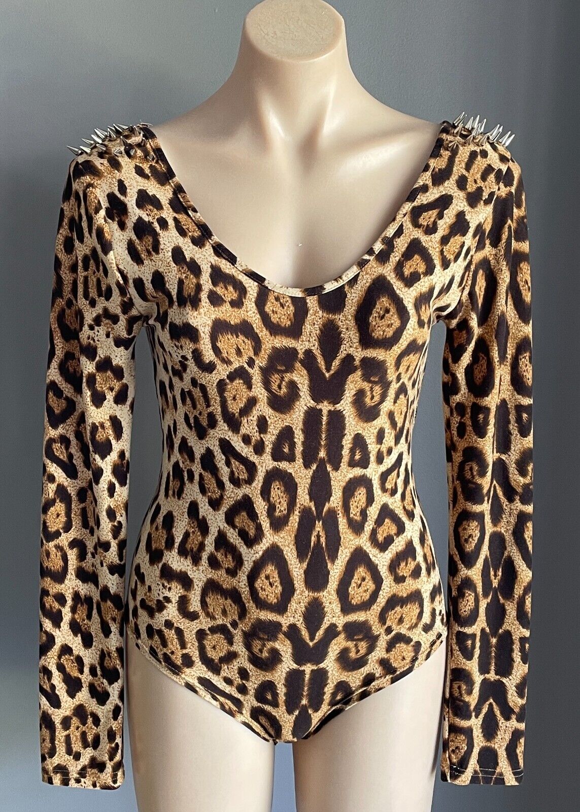 REVERSE Bodysuit Brown Beige Leopard Print Silver Stud Trim Long Sleeve Size M