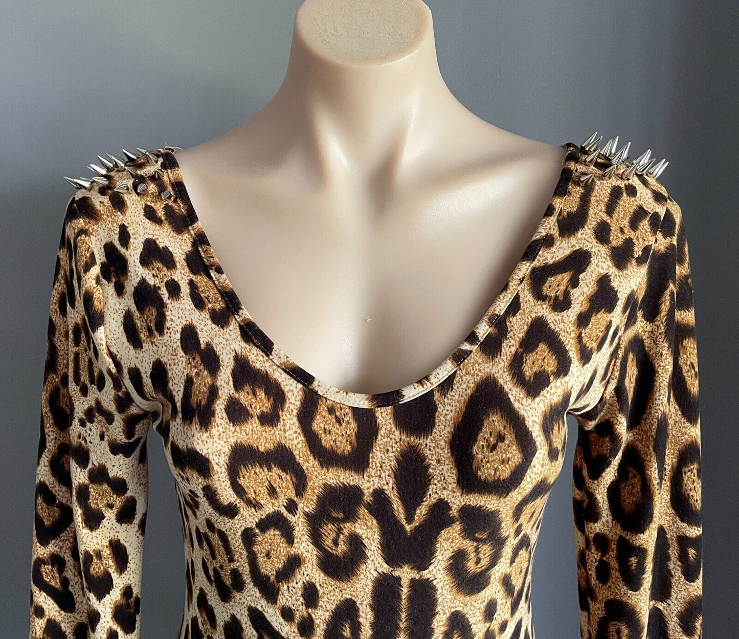 REVERSE Bodysuit Brown Beige Leopard Print Silver Stud Trim Long Sleeve Size M