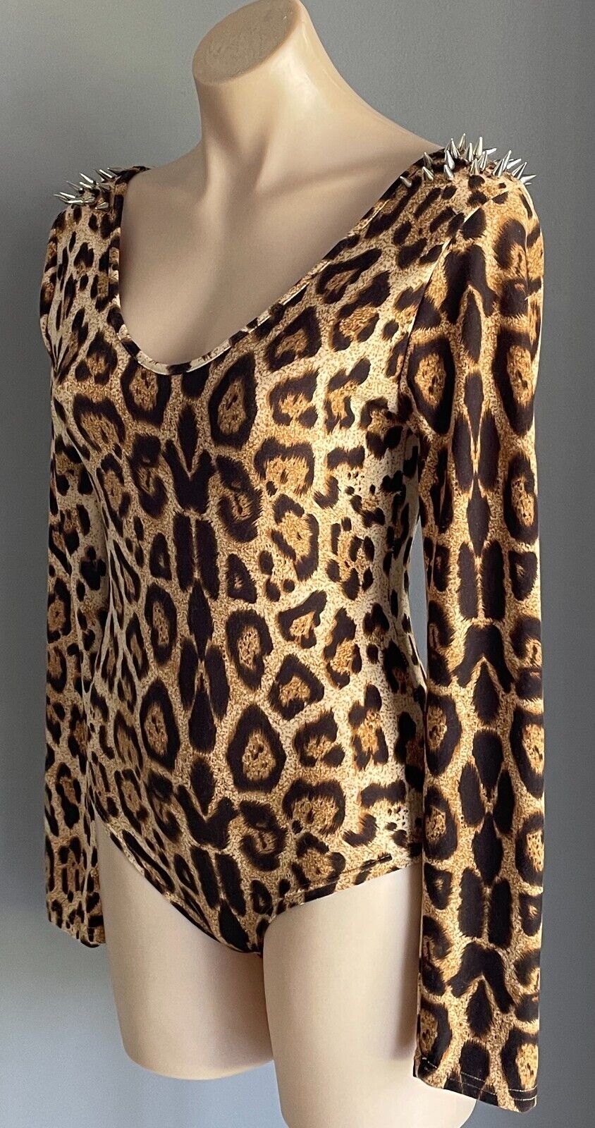 REVERSE Bodysuit Brown Beige Leopard Print Silver Stud Trim Long Sleeve Size M