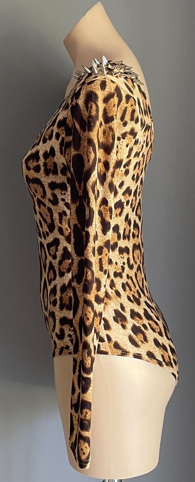 REVERSE Bodysuit Brown Beige Leopard Print Silver Stud Trim Long Sleeve Size M