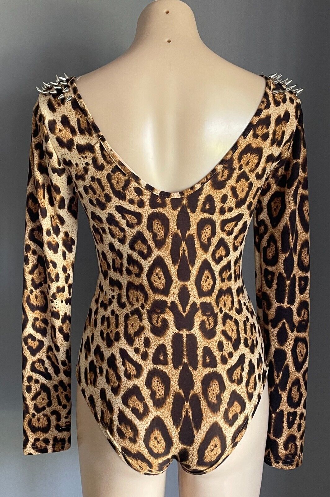 REVERSE Bodysuit Brown Beige Leopard Print Silver Stud Trim Long Sleeve Size M