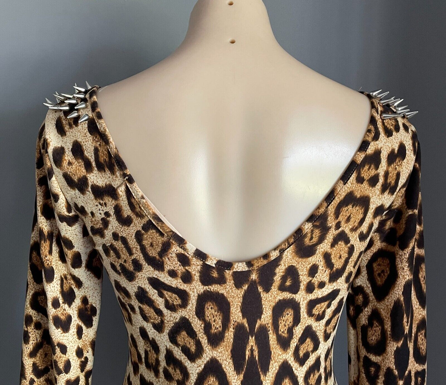 REVERSE Bodysuit Brown Beige Leopard Print Silver Stud Trim Long Sleeve Size M