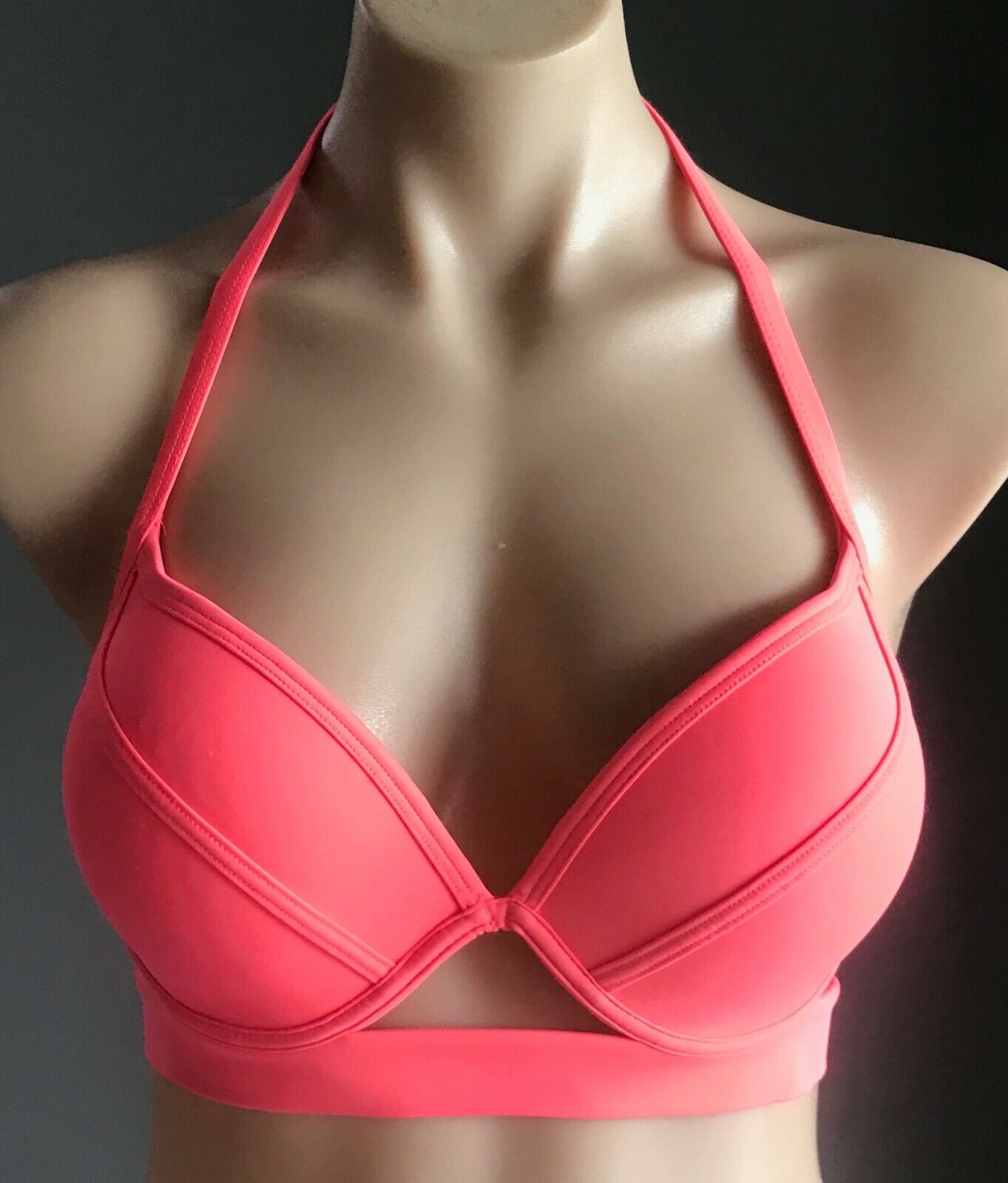 BRAS N THINGS Bikini Top Neon Pink Underwire Halter Neck Cut Out Sz 14 BRA ONLY