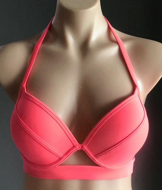 BRAS N THINGS Bikini Top Neon Pink Underwire Halter Neck Cut Out Sz 14 BRA ONLY