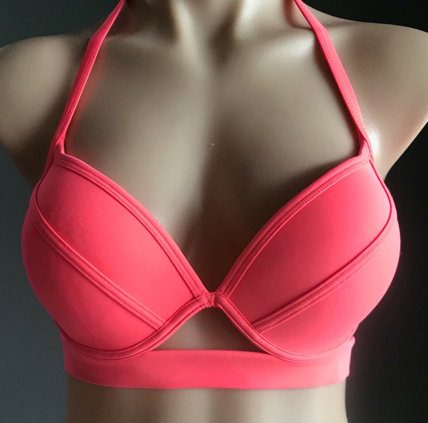BRAS N THINGS Bikini Top Neon Pink Underwire Halter Neck Cut Out Sz 14 BRA ONLY