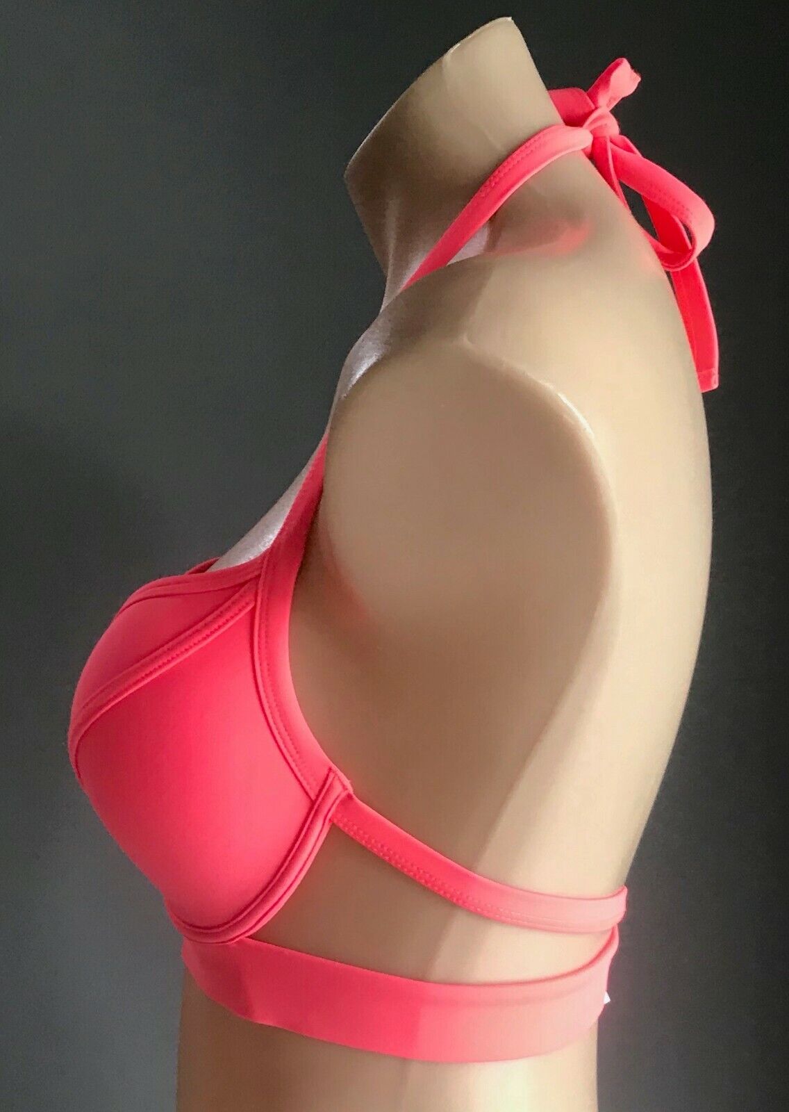 BRAS N THINGS Bikini Top Neon Pink Underwire Halter Neck Cut Out Sz 14 BRA ONLY
