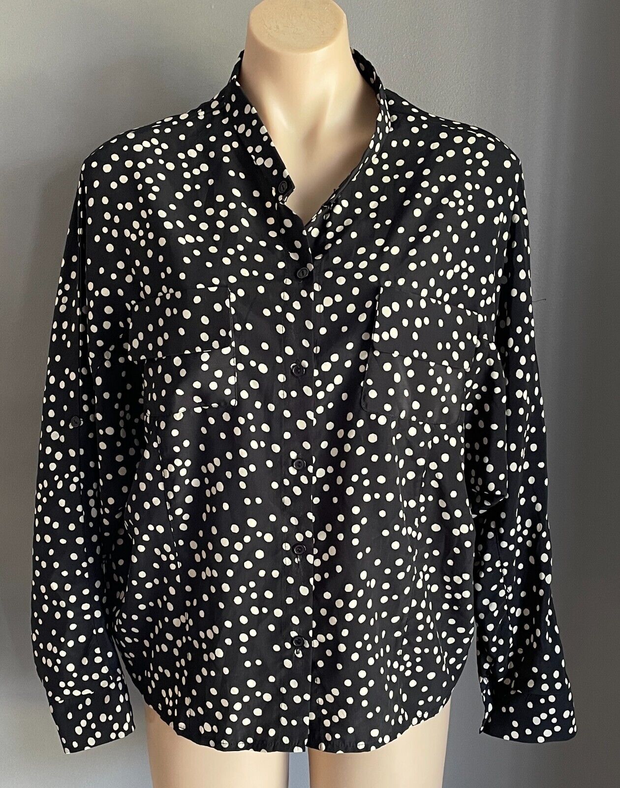 SES Shirt Dolman Sleeve Black & Off White Polka Dot Button Front Roll Tab Sz 10