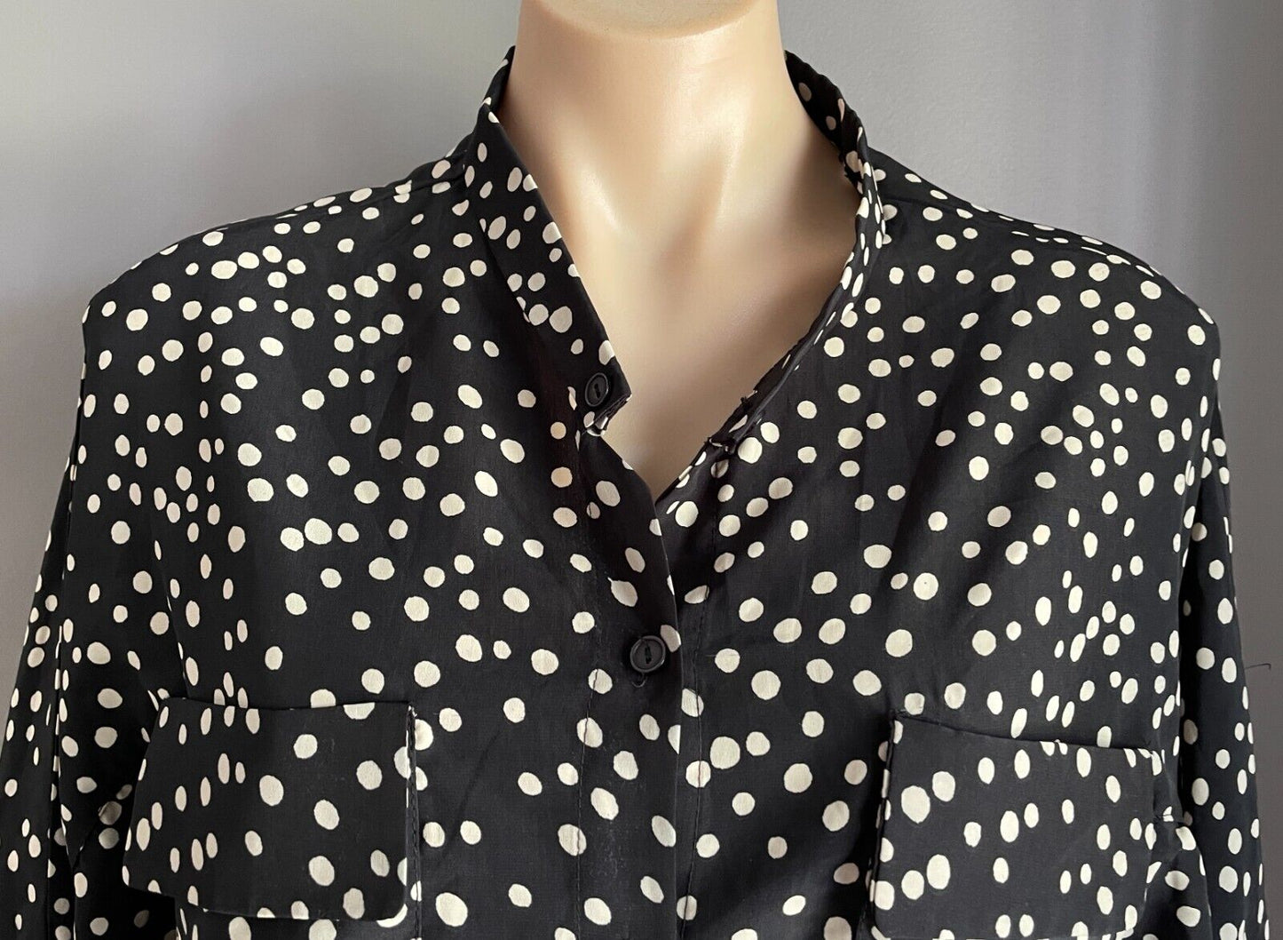SES Shirt Dolman Sleeve Black & Off White Polka Dot Button Front Roll Tab Sz 10