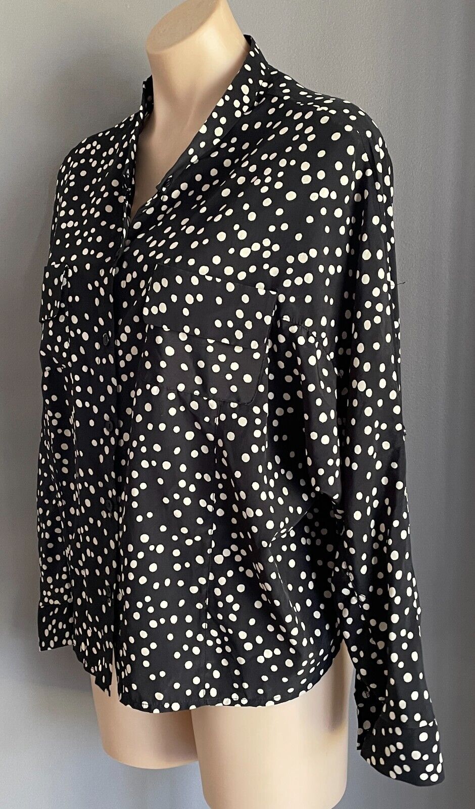 SES Shirt Dolman Sleeve Black & Off White Polka Dot Button Front Roll Tab Sz 10