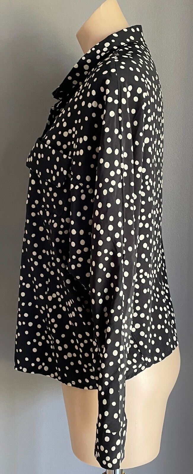 SES Shirt Dolman Sleeve Black & Off White Polka Dot Button Front Roll Tab Sz 10