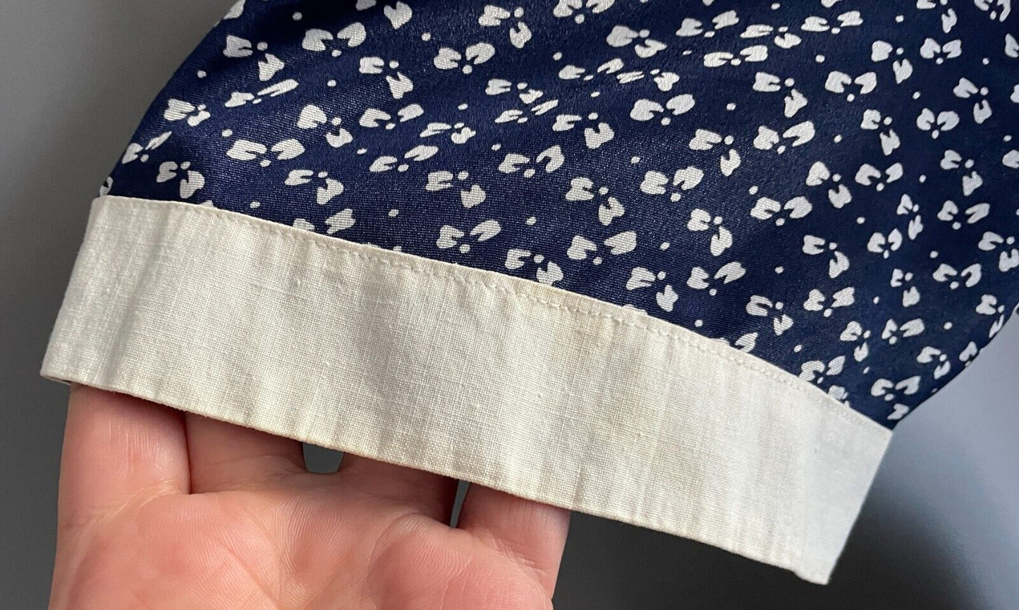 1980s Dress Navy Blue & White Print Short Sleeve Buttons Waist Belt Tie Sz 16