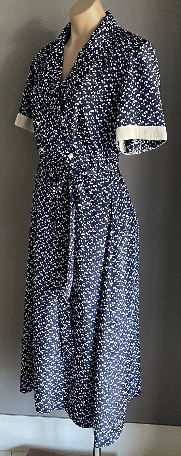 1980s Dress Navy Blue & White Print Short Sleeve Buttons Waist Belt Tie Sz 16