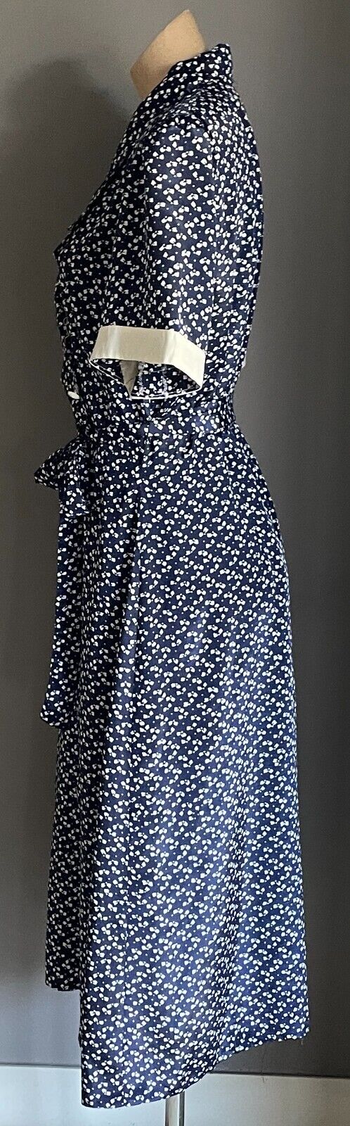 1980s Dress Navy Blue & White Print Short Sleeve Buttons Waist Belt Tie Sz 16