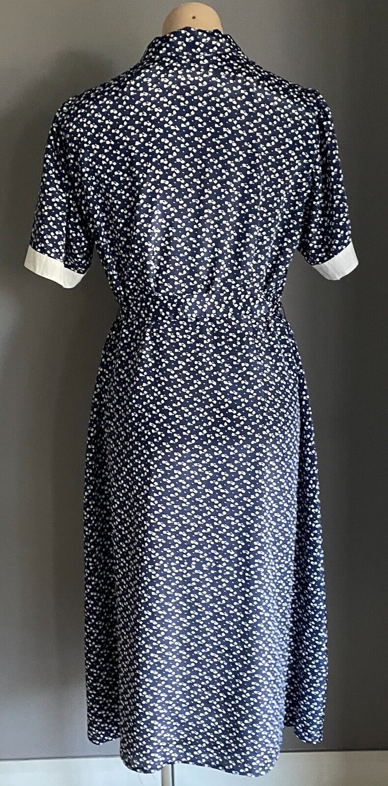 1980s Dress Navy Blue & White Print Short Sleeve Buttons Waist Belt Tie Sz 16