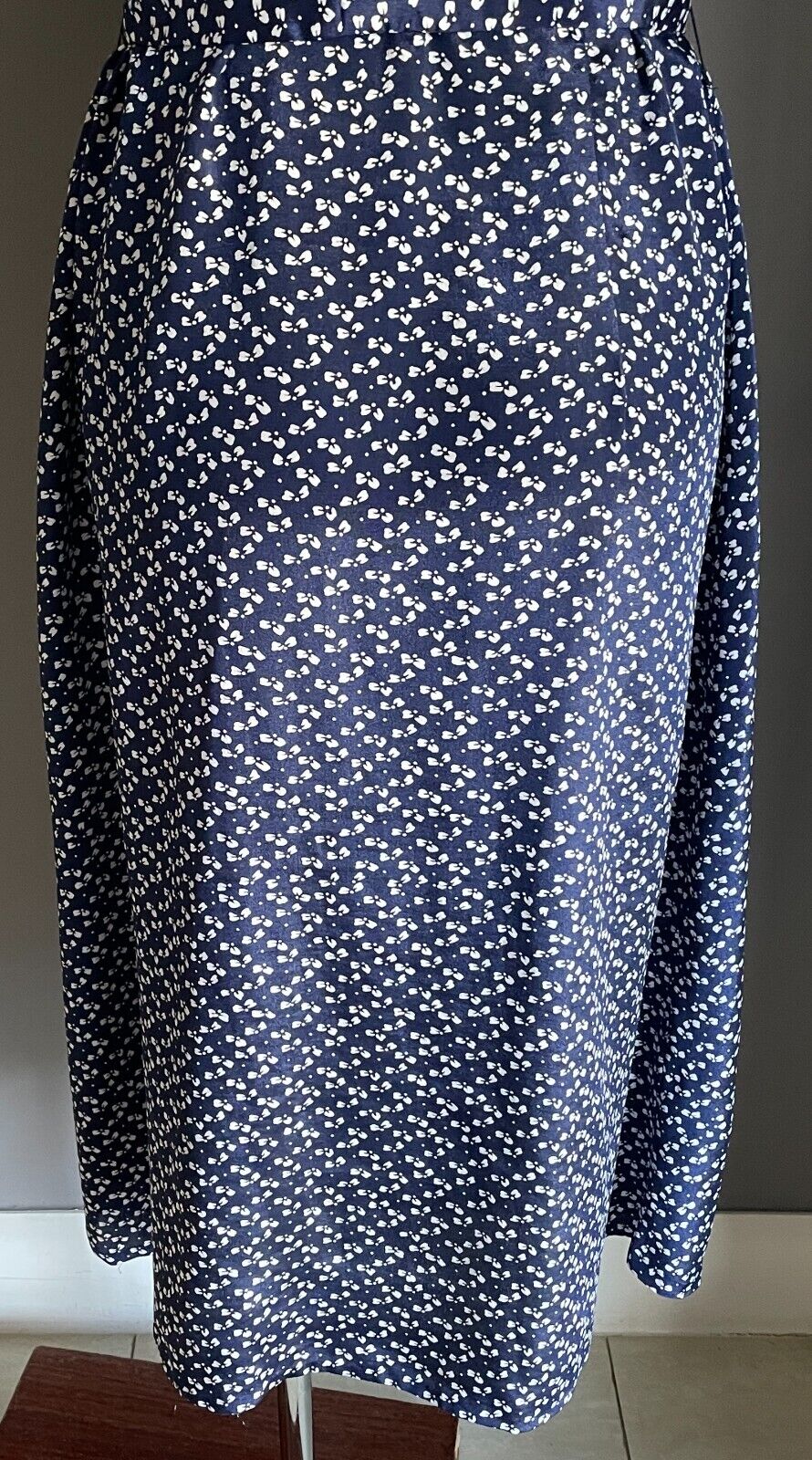 1980s Dress Navy Blue & White Print Short Sleeve Buttons Waist Belt Tie Sz 16