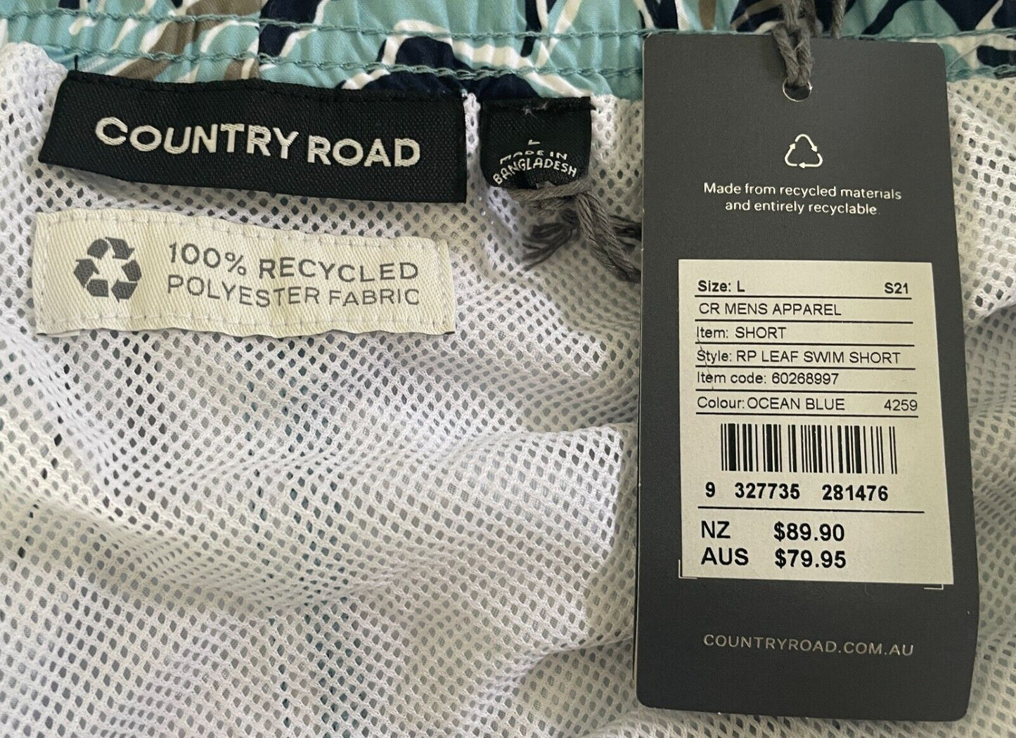 COUNTRY ROAD Board Shorts Swim Shorts Polyester Blue Leaf Print Mens Size L NEW