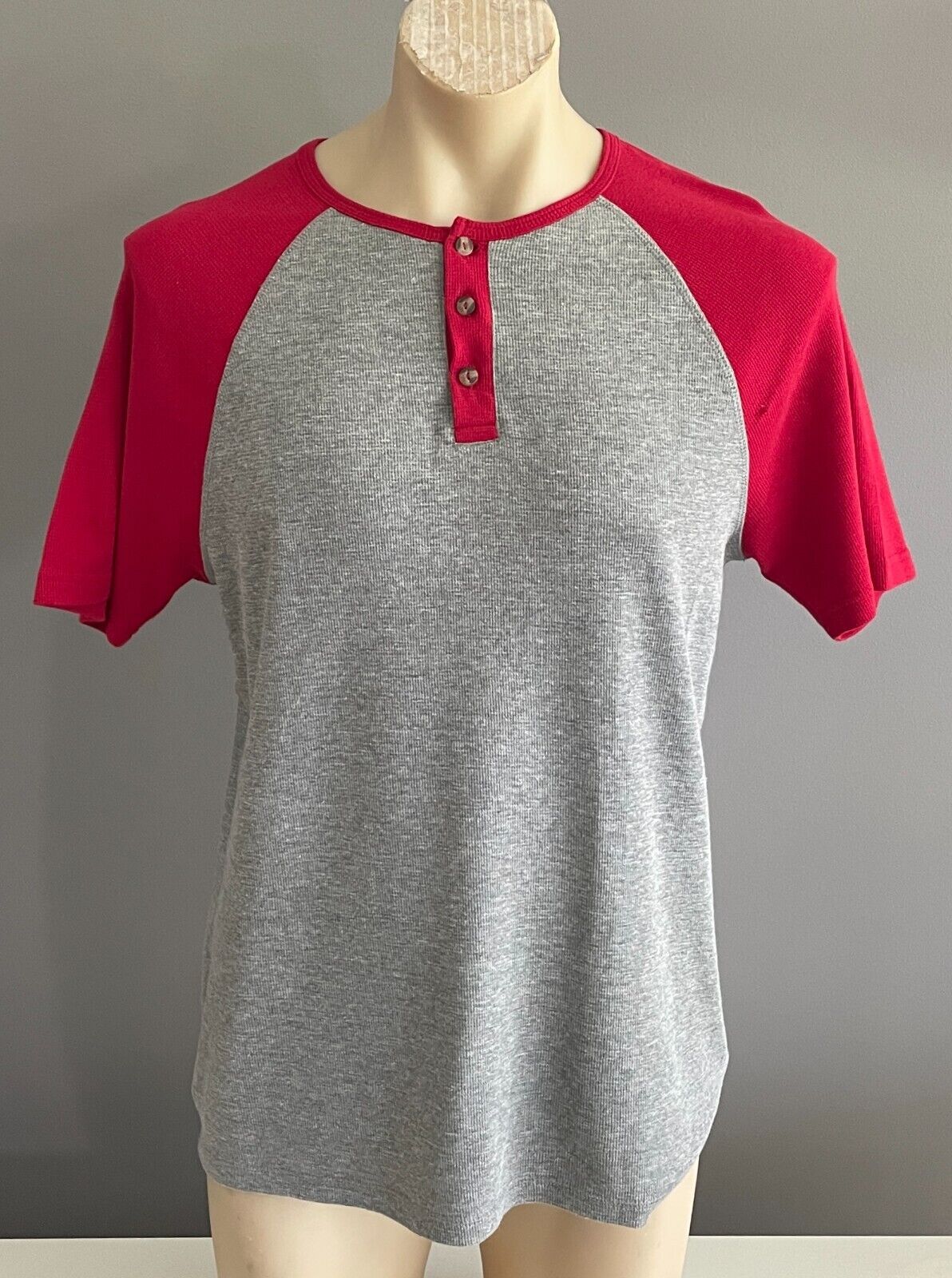 Mens B COLLECTION T Shirt Red & Grey Waffle Fabric Henley Short Sleeve Tee Sz S