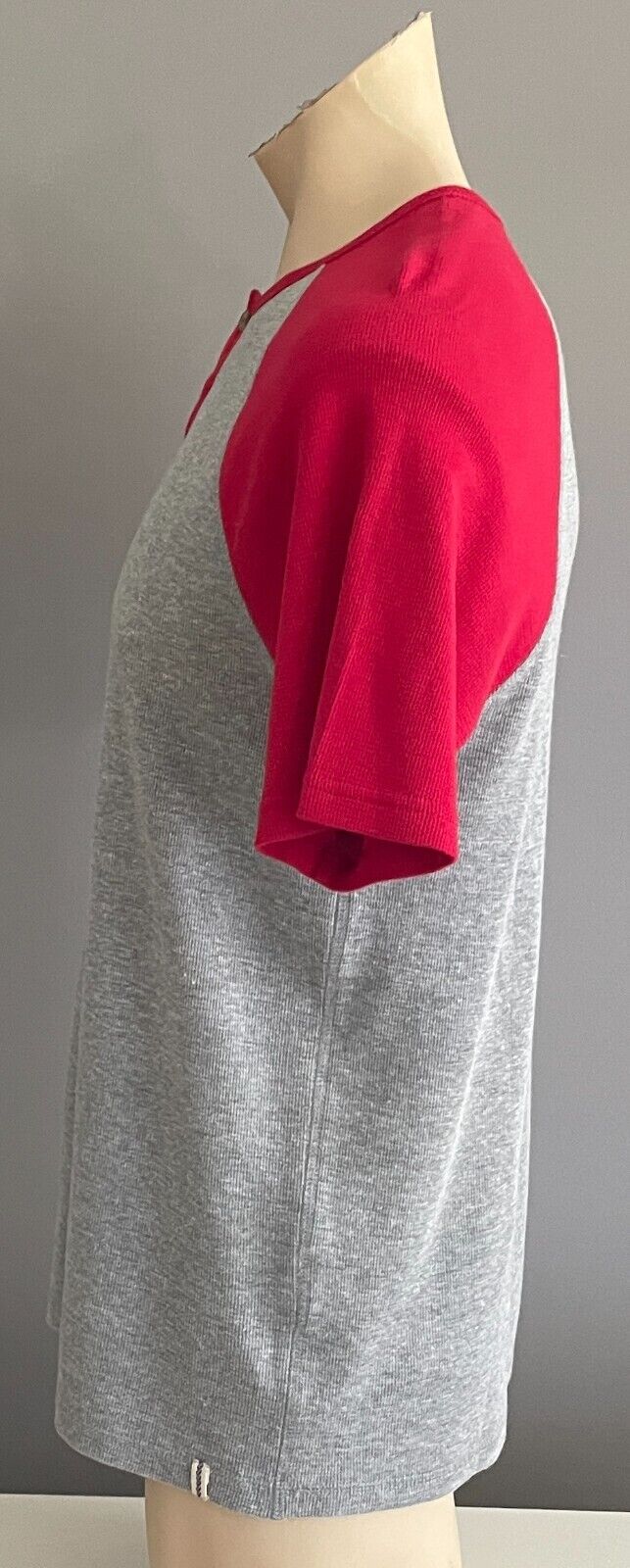 Mens B COLLECTION T Shirt Red & Grey Waffle Fabric Henley Short Sleeve Tee Sz S
