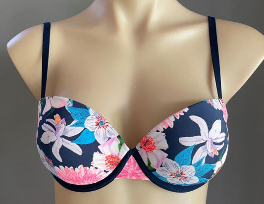 BONDS Navy Floral Underwire T-Shirt Bra Bonds Logo Band Adjustable Straps Sz 14B