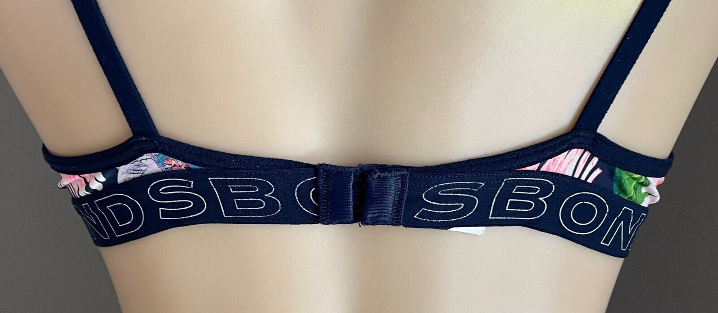 BONDS Navy Floral Underwire T-Shirt Bra Bonds Logo Band Adjustable Straps Sz 14B