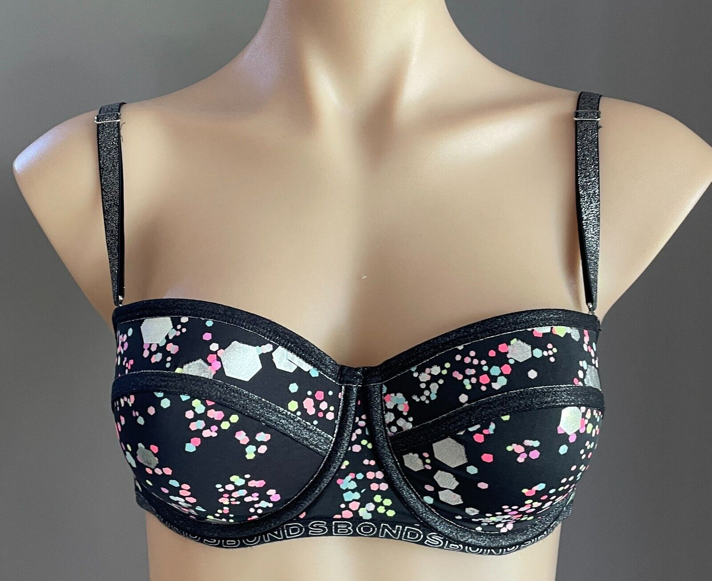 BONDS Bra 12B Black & Multicolour Print Underwire Logo Band Adjustable Size 12 B