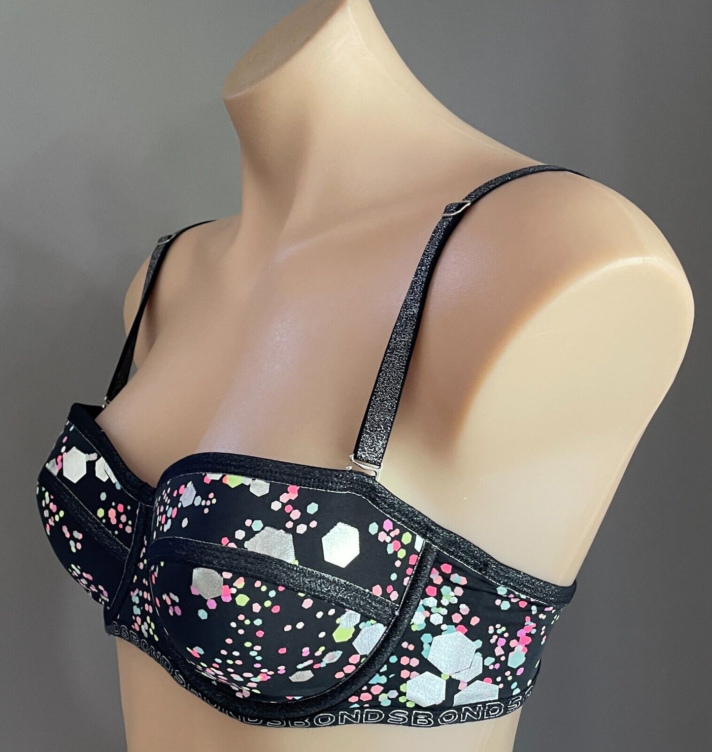 BONDS Bra 12B Black & Multicolour Print Underwire Logo Band Adjustable Size 12 B