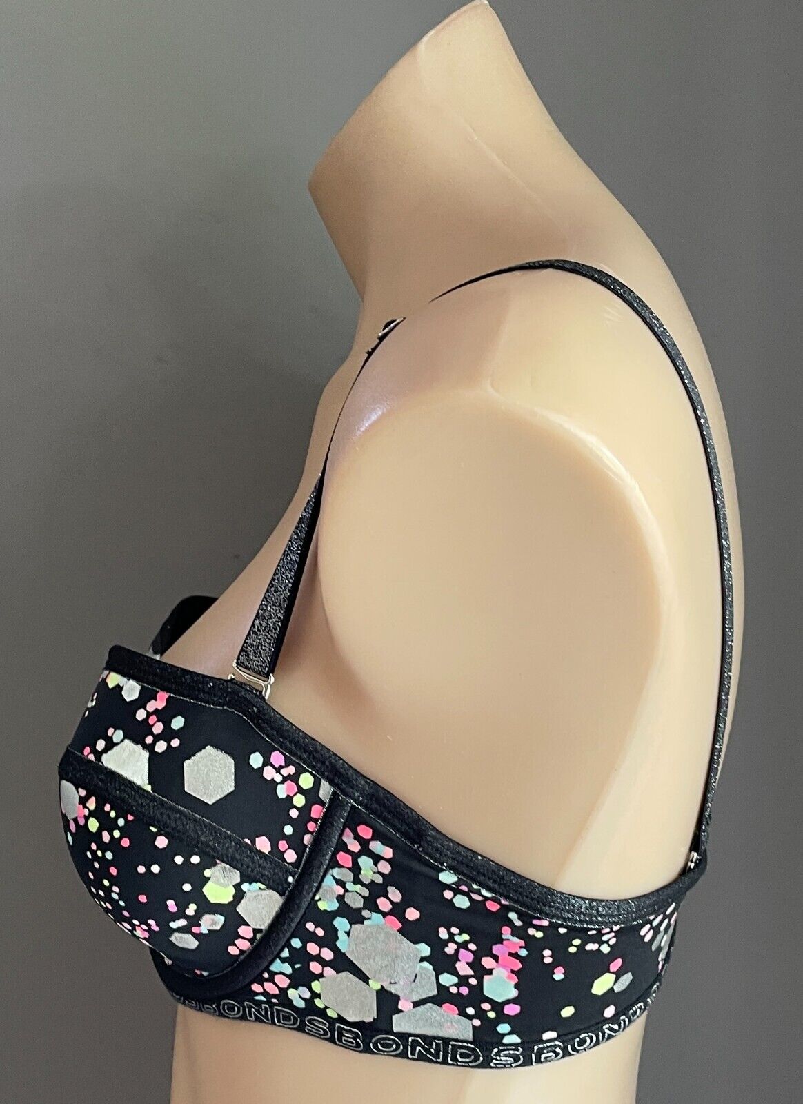 BONDS Bra 12B Black & Multicolour Print Underwire Logo Band Adjustable Size 12 B