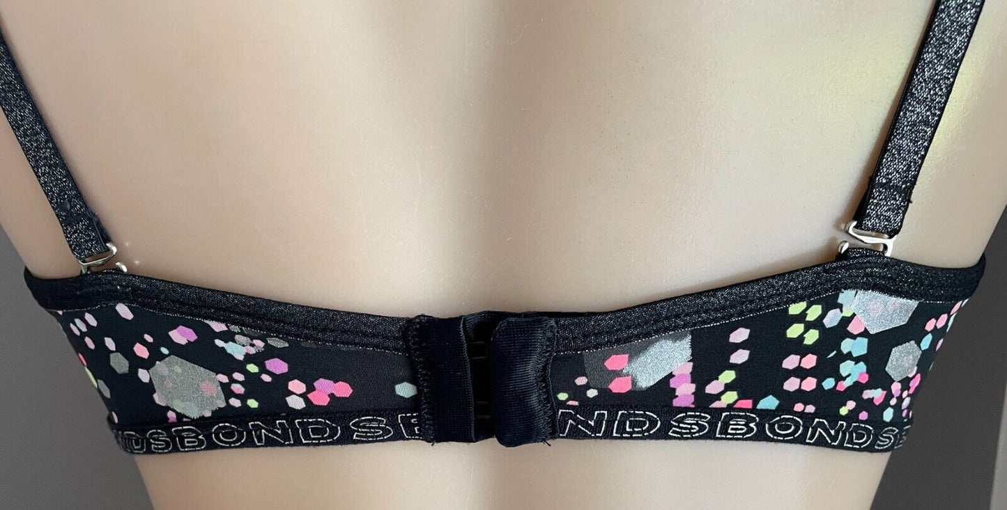 BONDS Bra 12B Black & Multicolour Print Underwire Logo Band Adjustable Size 12 B