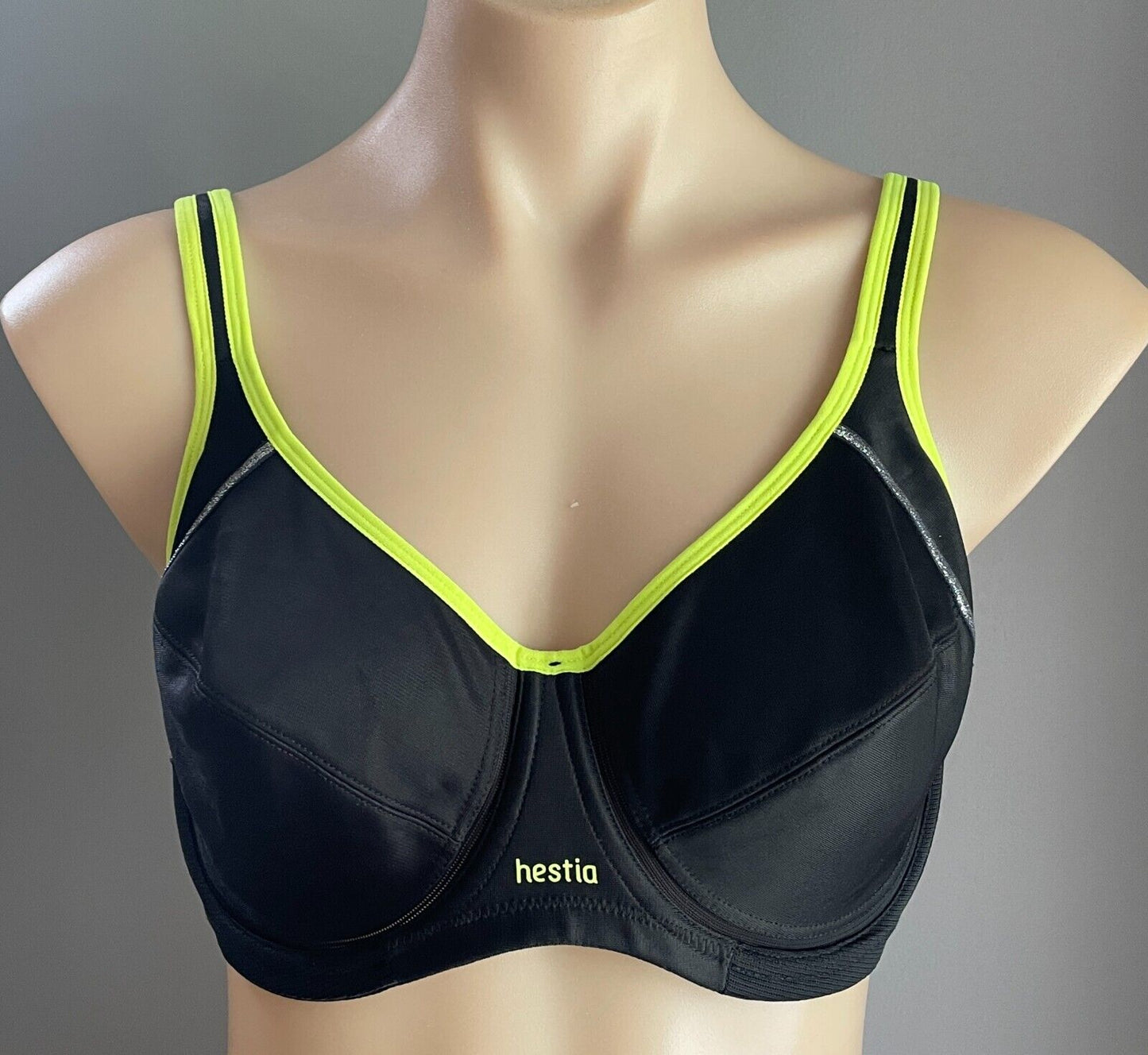HESTIA "Energize" Bra 16C Black Underwire Sports Bra Neon and Silver Trim 16 C