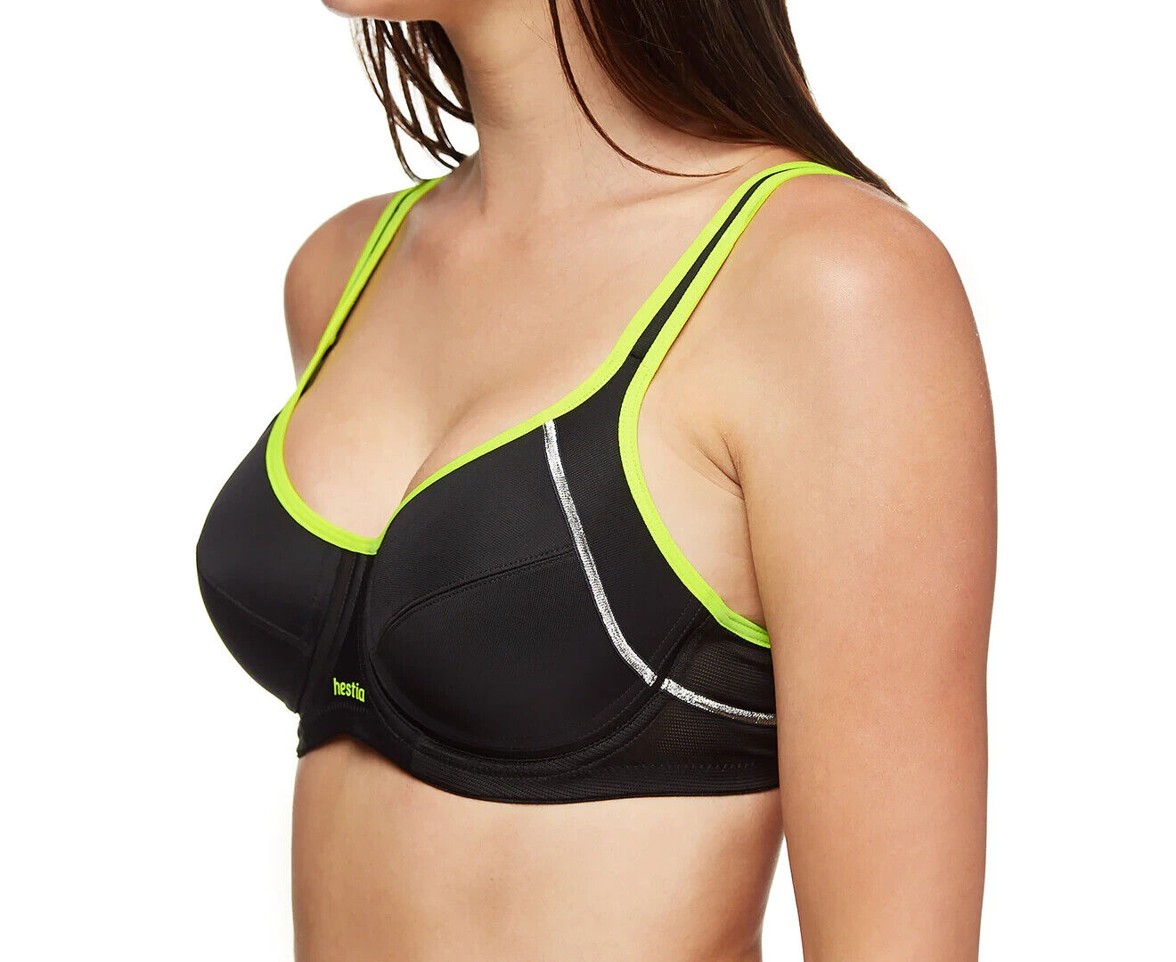 HESTIA "Energize" Bra 16C Black Underwire Sports Bra Neon and Silver Trim 16 C
