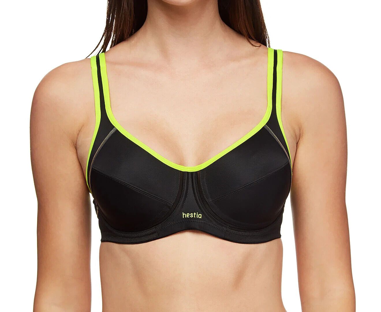 HESTIA "Energize" Bra 16C Black Underwire Sports Bra Neon and Silver Trim 16 C