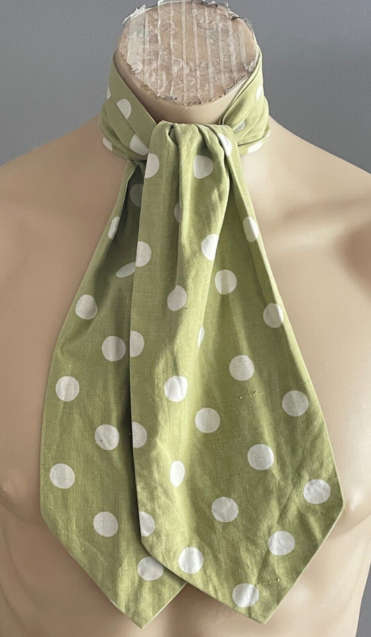 Mens Vintage ASCOT CRAVAT Green & White Polka Dot Neck Tie Self Tie Formal ITALY