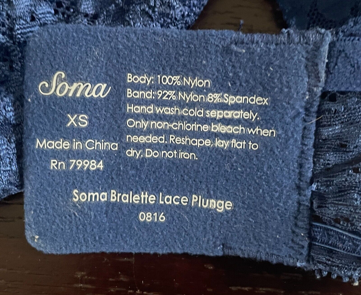 SOMA Blue Lace Plunge Adjustable Straps Bralette Wireless Size 32 AU 10 Bra
