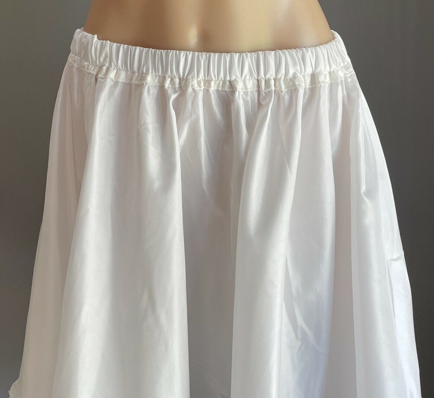 Rockabilly Petticoat Skirt White Satin Taffeta Elastic Waist Ruffle Trim Size 14