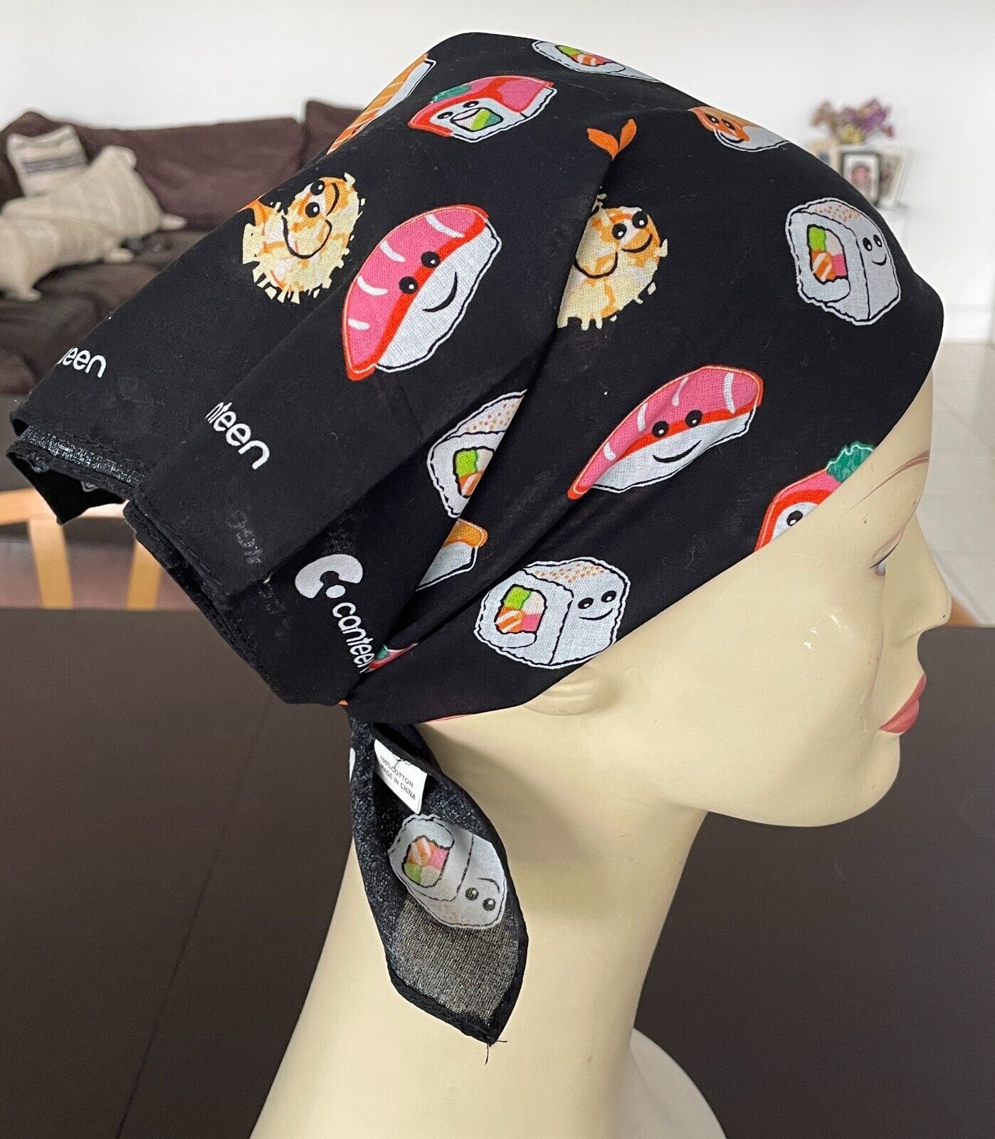 Bandana Cotton CANTEEN Black Colourful Sushi Print Head Neck Scarf 51 x 54cm NEW