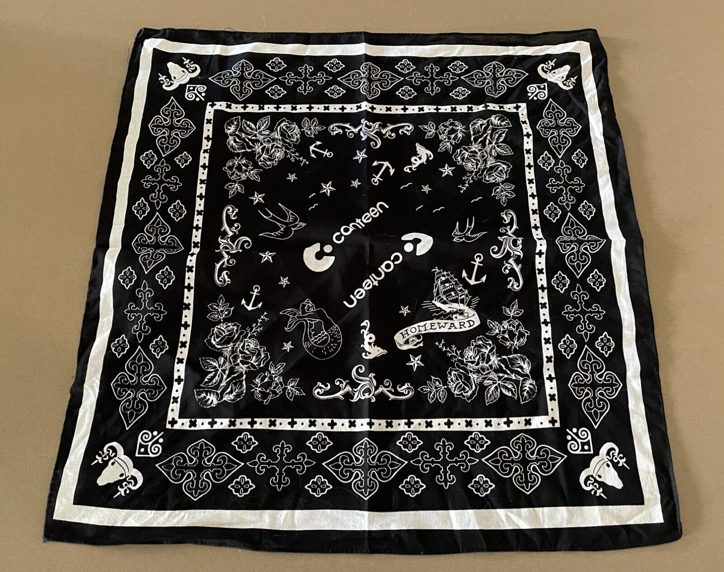 Bandana Cotton CANTEEN Black White Nautical Neck Head Scarf 56cm x 54cm NEW