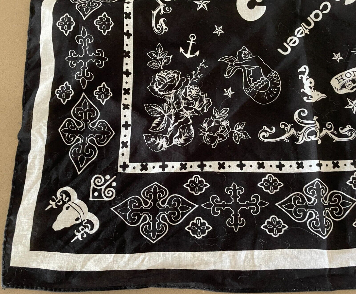 Bandana Cotton CANTEEN Black White Nautical Neck Head Scarf 56cm x 54cm NEW