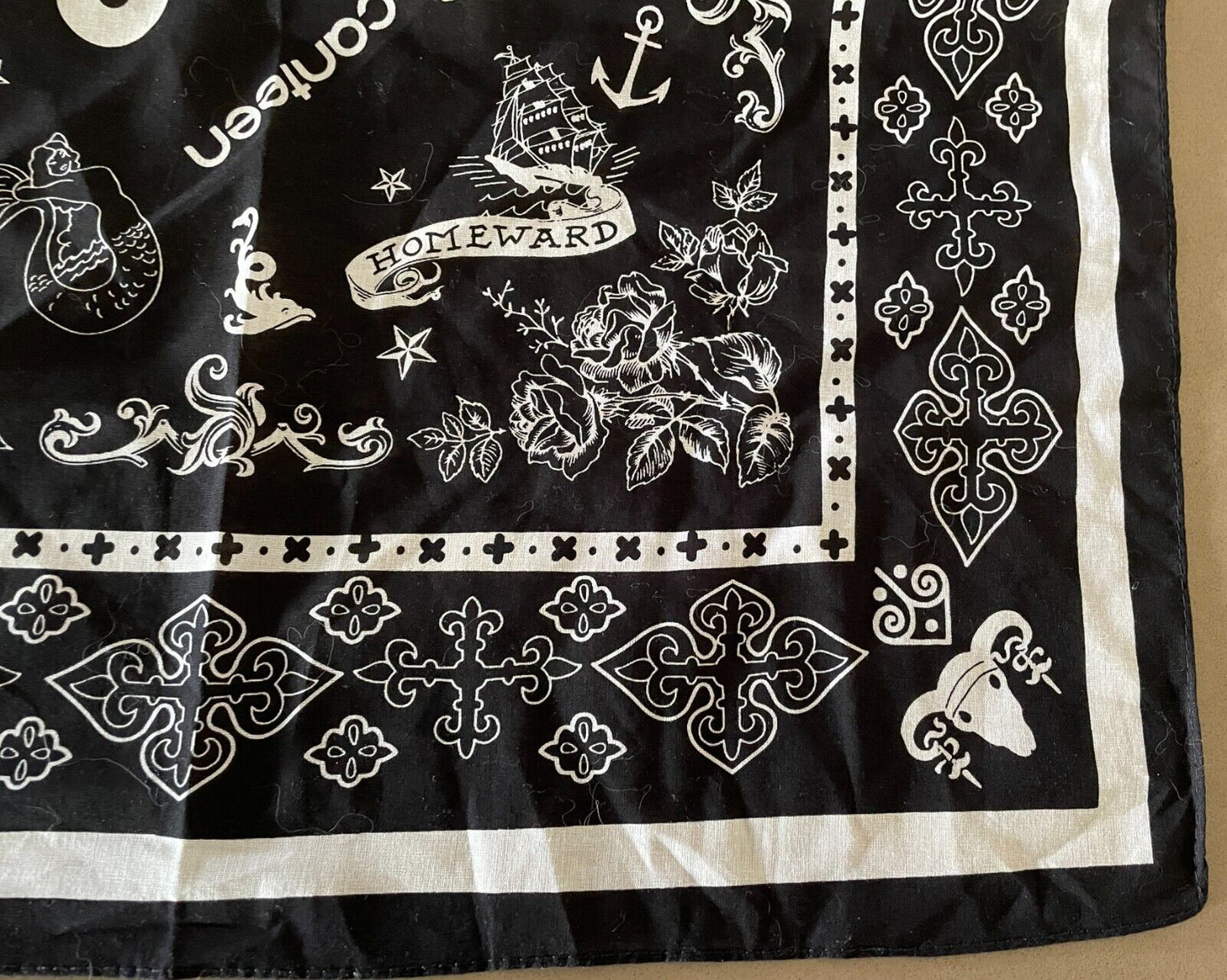 Bandana Cotton CANTEEN Black White Nautical Neck Head Scarf 56cm x 54cm NEW